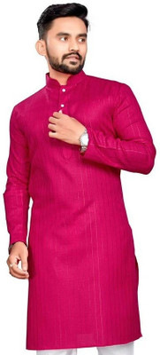 JENZEE Men Striped Straight Kurta(Pink)