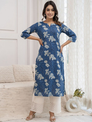 Fyunl Women Printed Straight Kurta(Blue)
