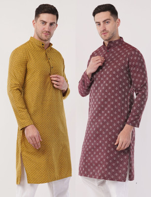 Zargnut Attire Men Printed Straight Kurta(Yellow, Maroon)