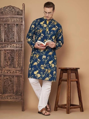 FABRIC FITOOR Men Self Design Straight Kurta(Dark Blue)