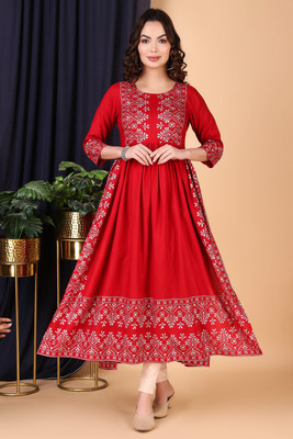 Taranjal Women Printed A-line Kurta(Red)