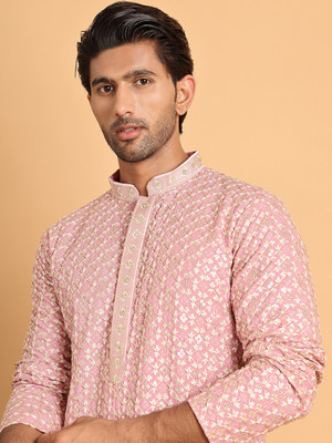 Jompers Men Printed Straight Kurta(Pink)