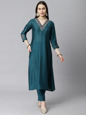 KAMI KUBI Women Embroidered Flared Kurta(Blue)