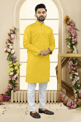 Shree Dutt Creation Men Solid Straight Kurta(Yellow)