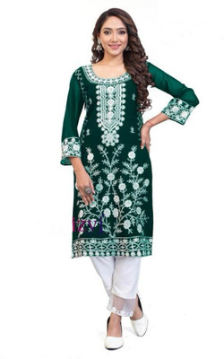 Aksharam Women Embroidered A-line Kurta(Green)