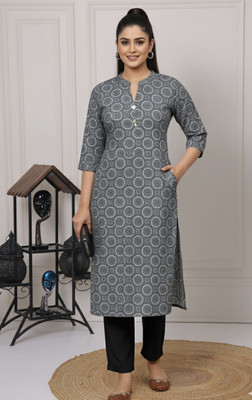 fabrictextile Women Floral Print Straight Kurta(Grey)