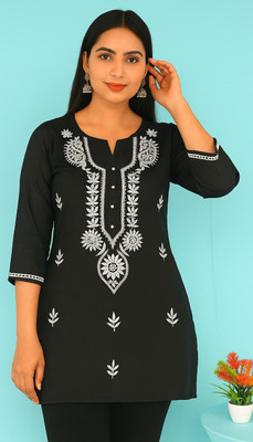 Kamni Boutique Women Chikan Embroidery Straight Kurta(Black)