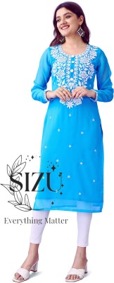 SIZU Women Chikan Embroidery A-line Kurta(Blue)