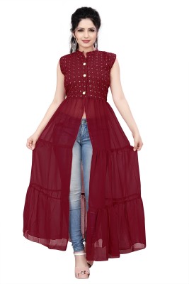 HouseOfCommon Women Embroidered Flared Kurta(Maroon)