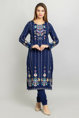 hifzaa Women Printed A-line Kurta(Dark Blue)