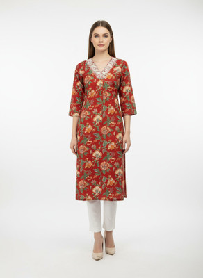 Vaman Women Floral Print, Embroidered Straight Kurta(Red)