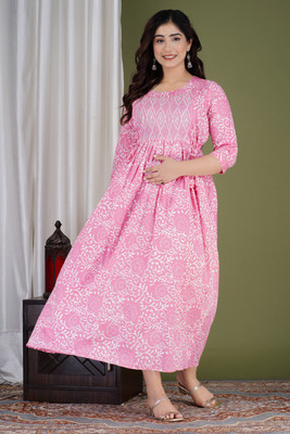 Murli Kurti Flared/A-line Gown(Pink, White)
