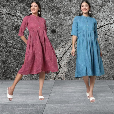 Houseofcommonk Women Striped Anarkali Kurta(Pink, Blue)