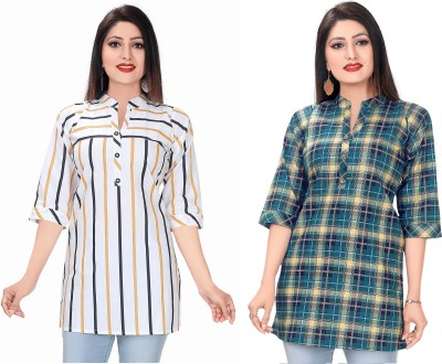 Meher Impex Casual Checkered, Striped Women Green, White Top