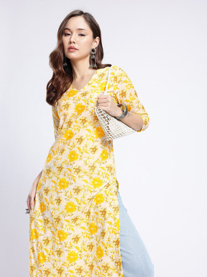 Anouk Rustic Women Floral Print A-line Kurta(Yellow)