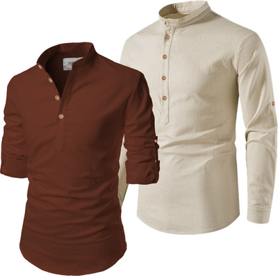 UNIFAV Men Solid Straight Kurta(Brown, White)