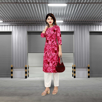 HouseOfCommon Women Printed Straight Kurta(Pink)