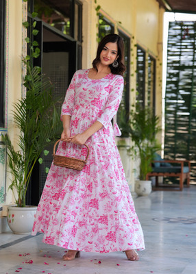 CHARVI CREATION Women Printed Anarkali Kurta(Pink, White)