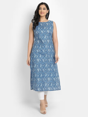 rainy rose Women Printed A-line Kurta(Blue)