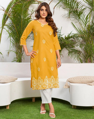 Anmi Embroidered Women Straight Kurta(Yellow)