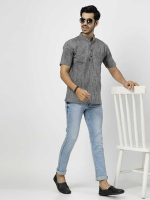 Rohilcrust Men Striped Straight Kurta(Grey)