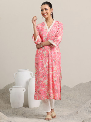 LIBAS Women Printed Straight Kurta(Pink)