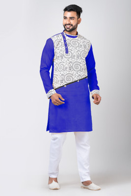 Rainbow Cloths Men Printed Straight Kurta(Blue)