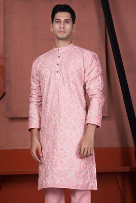 french crown Men Embroidered Ethnic Dress Kurta(Pink)