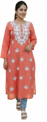 ABCALLECTION Women Embroidered, Chikan Embroidery Straight Kurta(Orange)