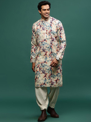 Sangria Men Floral Print Straight Kurta(Beige)