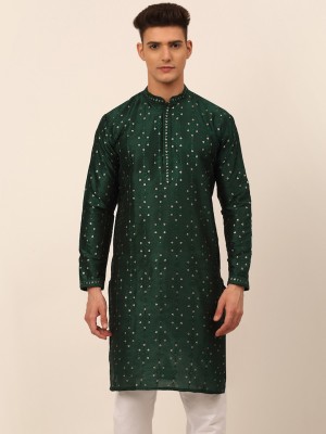 Jompers Men Embroidered Straight Kurta(Green)