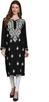 Nazaqat Women Chikan Embroidery A-line Kurta(Black)