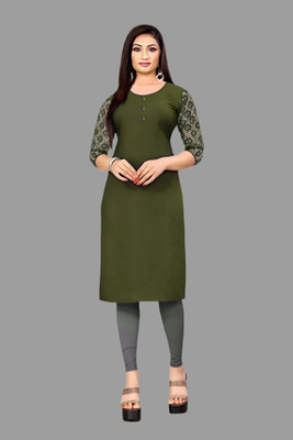 HOFC Women Solid Straight Kurta(Green)