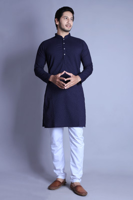 ALMORA Men Self Design A-line Kurta(Dark Blue)