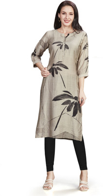 Nioni Women Floral Print Straight Kurta(Beige)