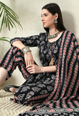 vidhani Women Printed Straight Kurta(Black, White, Red)