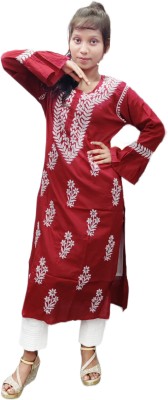 R.H. CHIKANS Women Chikan Embroidery A-line Kurta(Maroon)