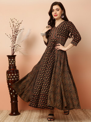 Gulmohar Jaipur Women Printed Flared Kurta(Brown)