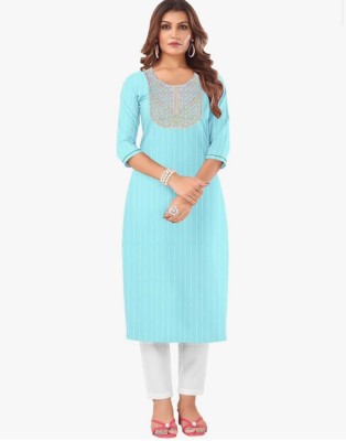 Eleganzo Attire Women Striped Straight Kurta(White, Pink, Light Blue)