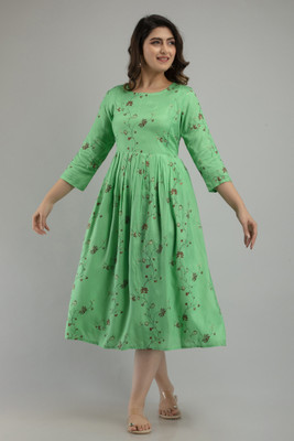 Janki Creation Women Floral Print Flared Kurta(Green, Brown, Beige)