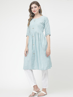Ladylaz Women Striped A-line Kurta(Light Blue)