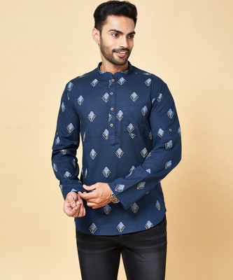Indus Route by Pantaloons Men Printed Straight Kurta(Dark Blue)