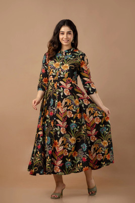 HOC's Women Floral Print Anarkali Kurta(Brown)