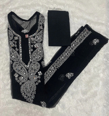 chikankari by N Women Embroidered Straight Kurta(Black)