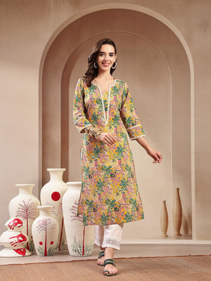 Stylum Women Floral Print Straight Kurta(Yellow)