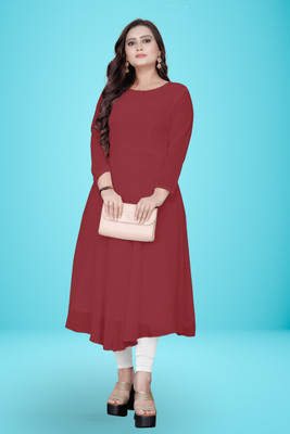 HouseOfCommon Women Solid Flared Kurta(Maroon)