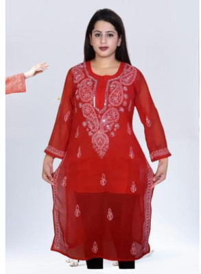 Khan SherajEnp Women Embroidered Straight Kurta(Red)