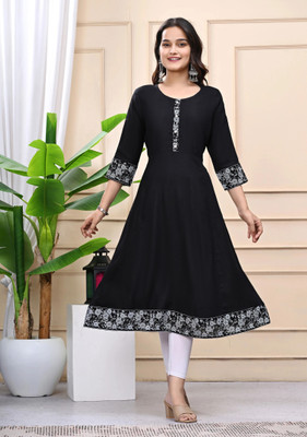 GULJAR FASHION Women Printed Anarkali Kurta(Black)