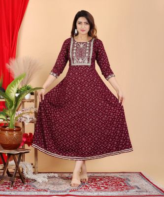 ANJAYA Women Printed Flared Kurta(Maroon)