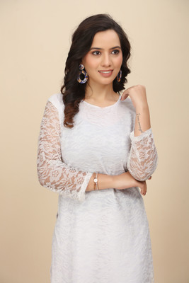 Manthan Creation Women Self Design A-line Kurta(White)